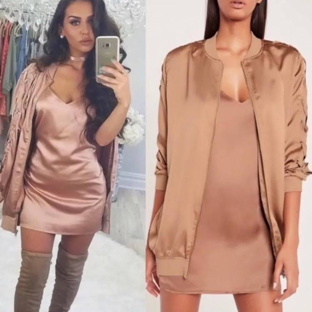 Misguided X Carli Bybel Limited Release rose gold longline bomber jacket
